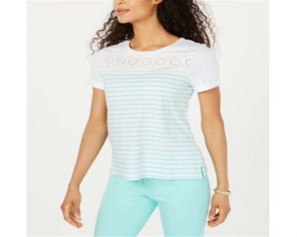 Charter Club Women's Cotton Eyelet-Trim Striped Top - Aqua Gloss Size Small