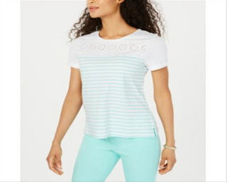 Charter Club Women's Cotton Eyelet-Trim Striped Top - Aqua Gloss Size Small