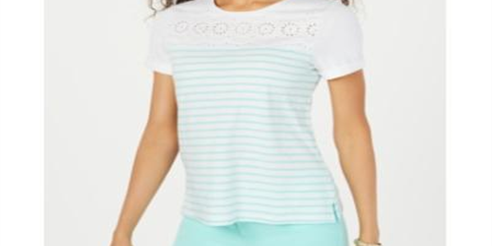 Charter Club Women's Cotton Eyelet-Trim Striped Top - Aqua Gloss Size Small