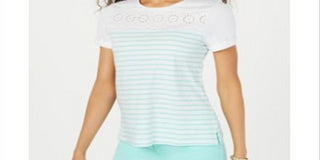 Charter Club Women's Cotton Eyelet-Trim Striped Top - Aqua Gloss Size Small