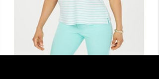 Charter Club Women's Cotton Eyelet-Trim Striped Top - Aqua Gloss Size Small