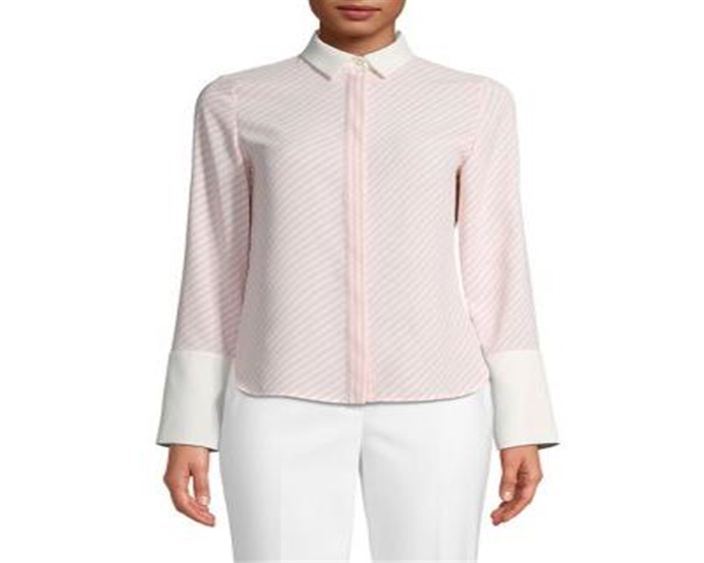 Anne Klein Women's First Blush/Anne White Women's Long Sleeve Stripe CDC Oxford Top Pink Size Medium