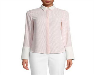 Anne Klein Women's First Blush/Anne White Women's Long Sleeve Stripe CDC Oxford Top Pink Size Medium