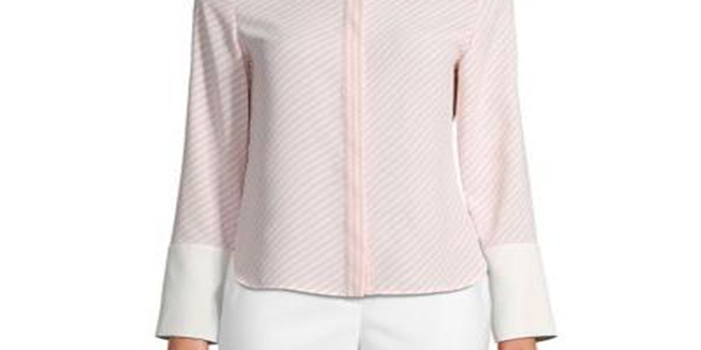 Anne Klein Women's First Blush/Anne White Women's Long Sleeve Stripe CDC Oxford Top Pink Size Medium