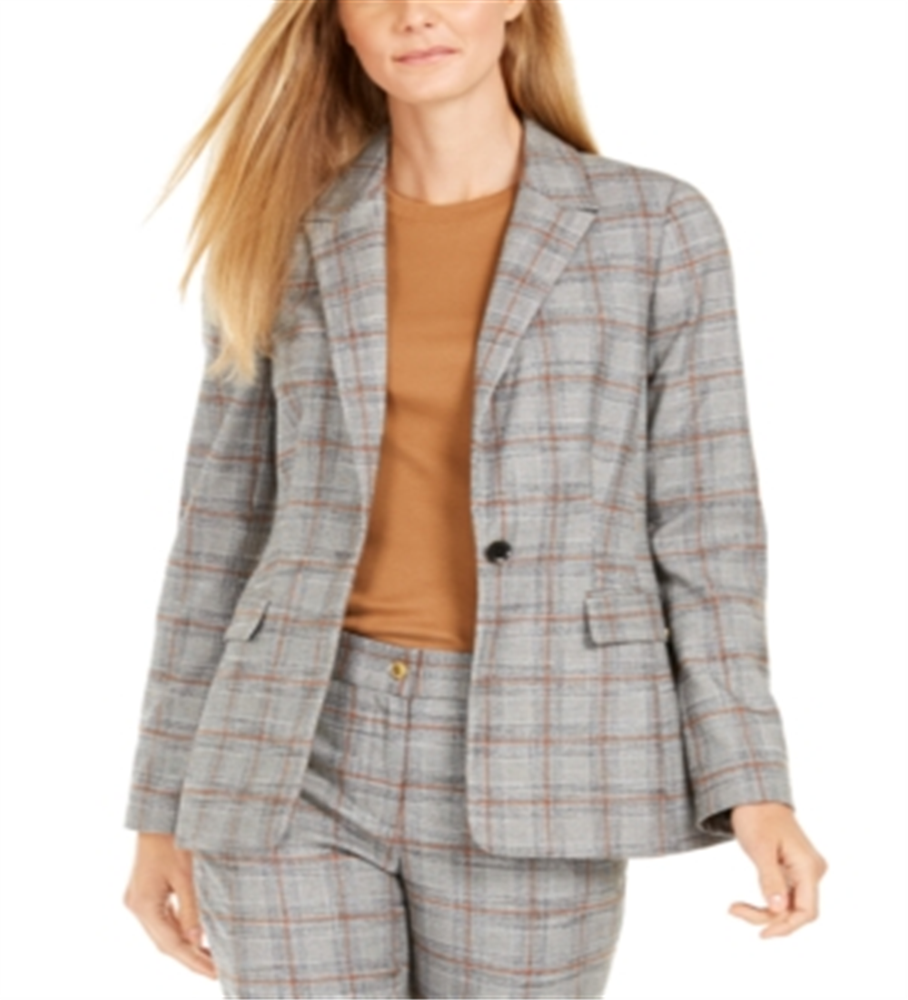 Calvin Klein Women's One-Button Plaid Blazer -Orange Multi Brown Size 6