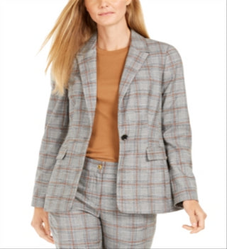 Calvin Klein Women's One-Button Plaid Blazer -Orange Multi Brown Size 6