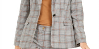 Calvin Klein Women's One-Button Plaid Blazer -Orange Multi Brown Size 6