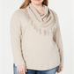 Style & Co Women's Plus Cowl Neck Fringe Sweater Beige Size 2X