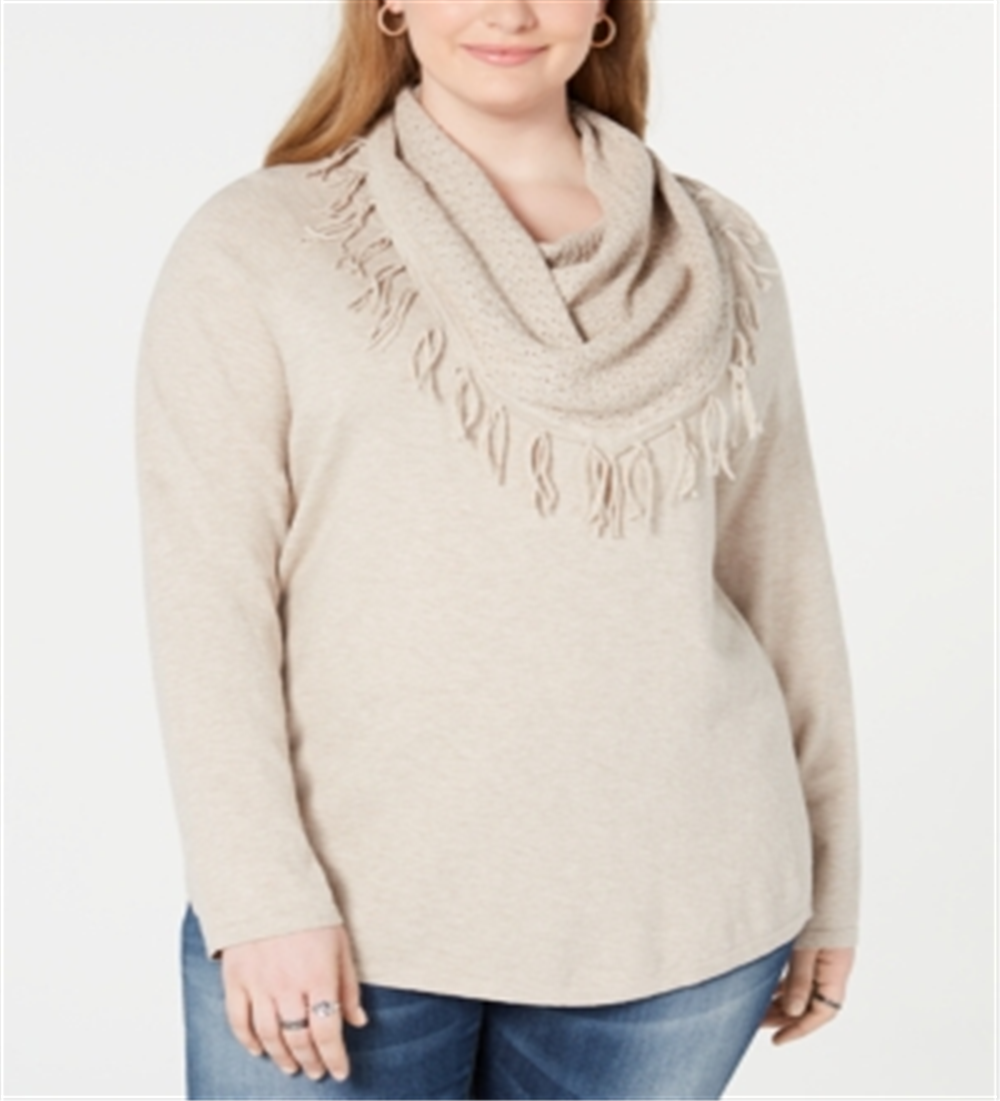 Style & Co Women's Plus Cowl Neck Fringe Sweater Beige Size 2X
