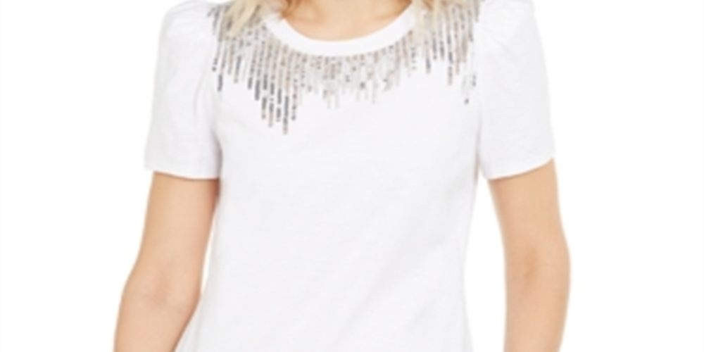 INC International Concepts Women's Sequin Fringe Cotton T-Shirt White Size Petite XL