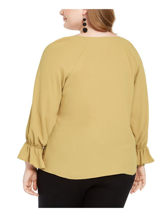 Bar III Women's Plus Ruffled V-Neck Blouse Yellow Size 1X