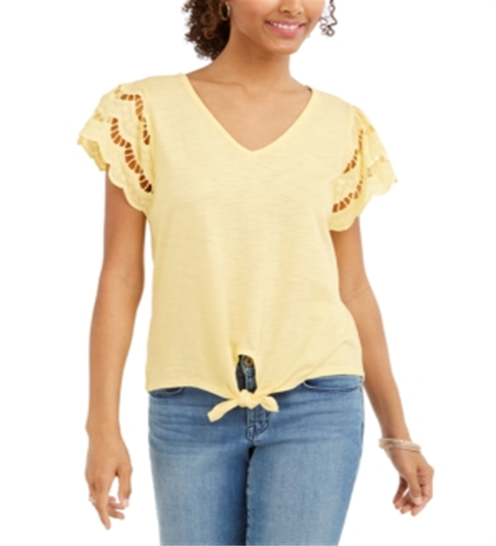 Style & Co Women's Eyelet-Sleeve Tie-Front Top  Yellow Size XS
