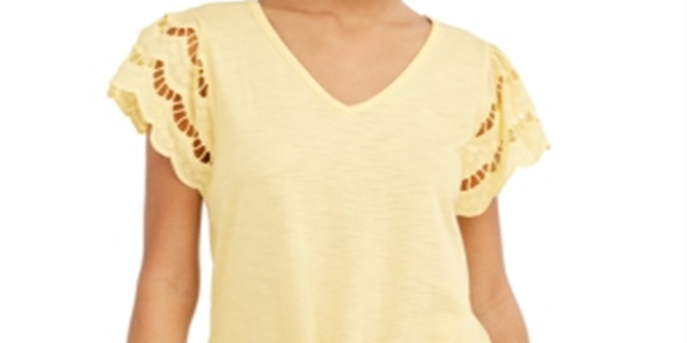 Style & Co Women's Eyelet-Sleeve Tie-Front Top  Yellow Size XS