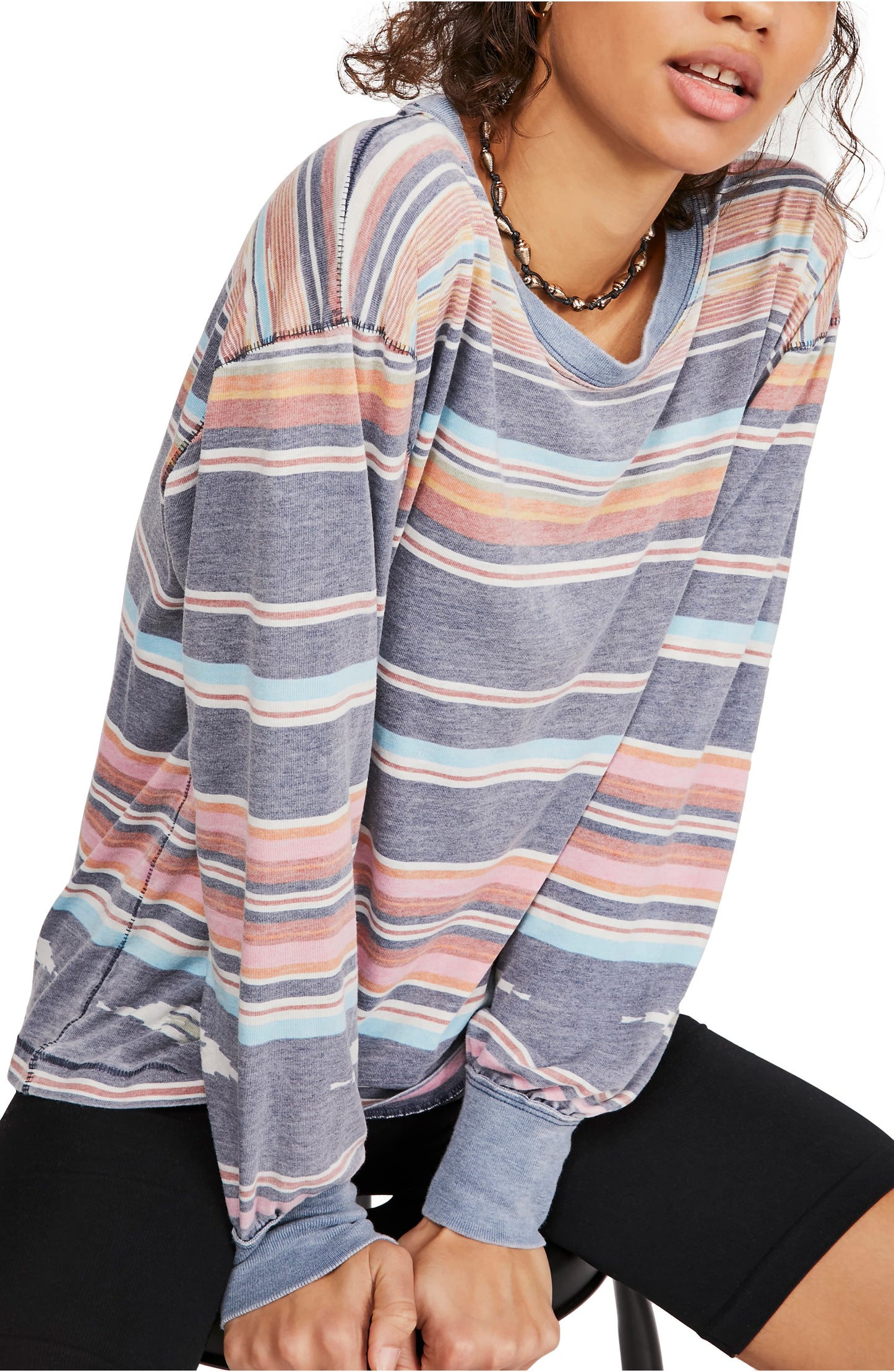 Free People Women's Combo Arielle Printed Long Sleeve Top Blue Size XS