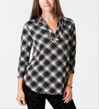 Charter Club Women's New Plaiditude Plaid Top  Black Size Large