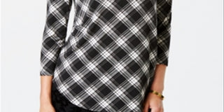 Charter Club Women's New Plaiditude Plaid Top  Black Size Large