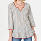 Style & Co Cotton Striped Ruffle Top Willow Stripe Brown Size L