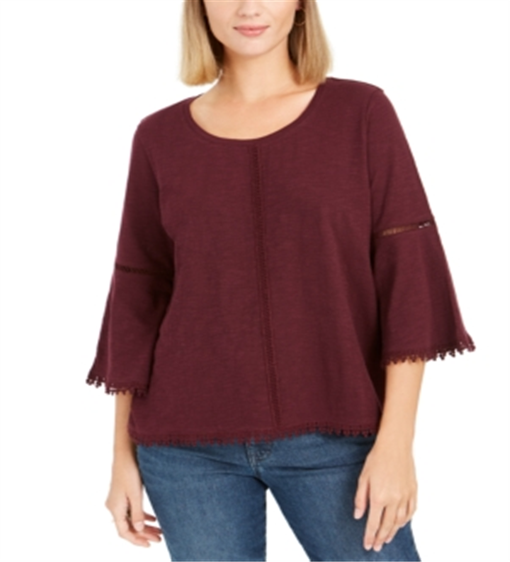 Style & Co Women's Crochet-Trim Bell-Sleeve Top  Purple Size Medium