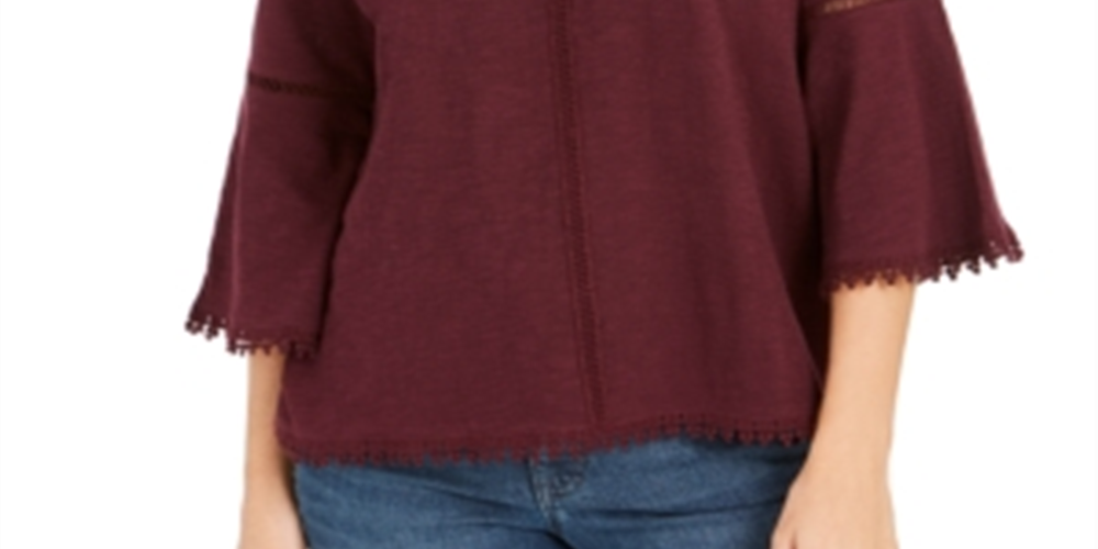 Style & Co Women's Crochet-Trim Bell-Sleeve Top  Purple Size Medium