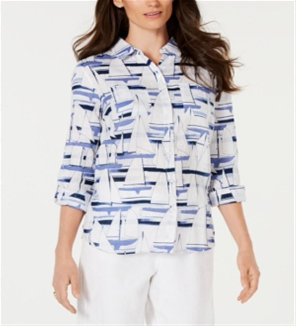 Charter Club Women's Petite Linen Sailboat-Print Utility Shirt   Bright White  Size Petite M