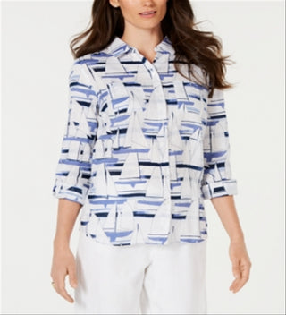 Charter Club Women's Petite Linen Sailboat-Print Utility Shirt   Bright White  Size Petite M