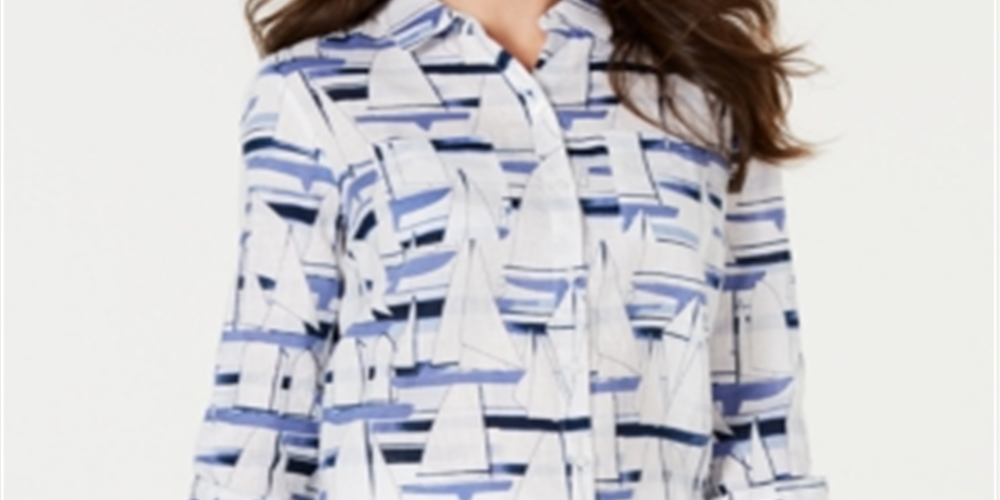 Charter Club Women's Petite Linen Sailboat-Print Utility Shirt   Bright White  Size Petite M