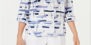 Charter Club Women's Petite Linen Sailboat-Print Utility Shirt   Bright White  Size Petite M