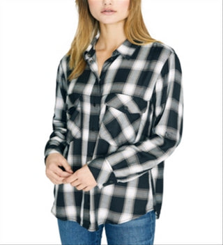 Sanctuary Women's New Generation Plaid Boyfriend Blouse Black Size L