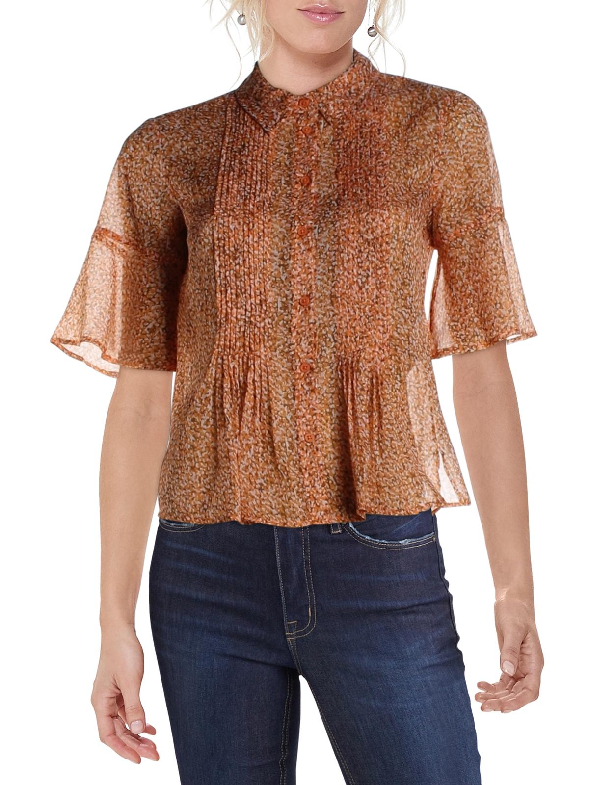 French Connection Women's Ruffled Sheer Pintuck Button-front Printed Short Sleeve Collared Top Orange Size 6 -