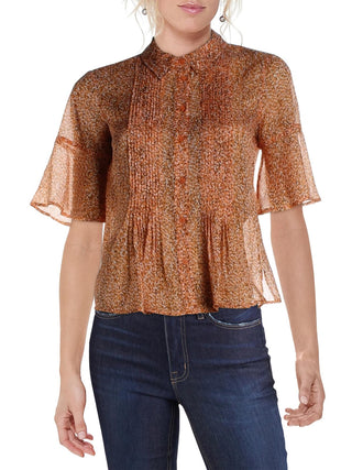 French Connection Women's Ruffled Sheer Pintuck Button-front Printed Short Sleeve Collared Top Orange Size 6 -
