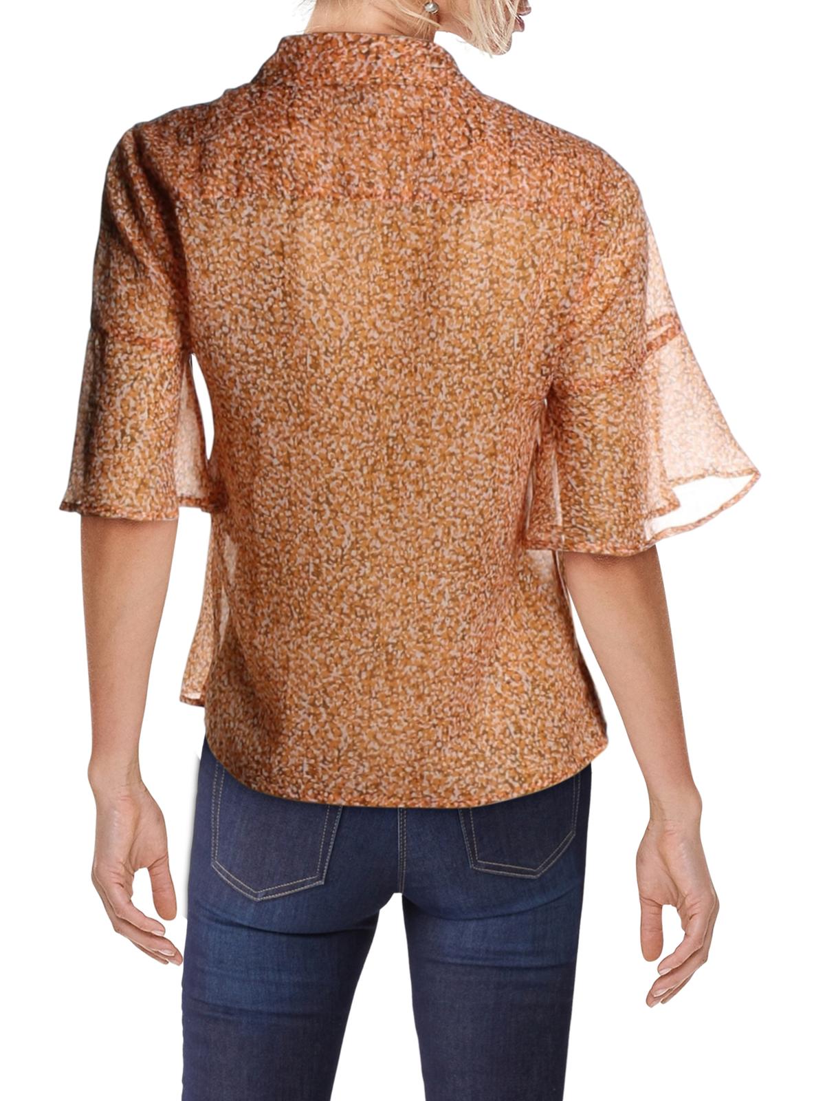 French Connection Women's Ruffled Sheer Pintuck Button-front Printed Short Sleeve Collared Top Orange Size 6 -