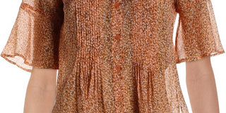 French Connection Women's Ruffled Sheer Pintuck Button-front Printed Short Sleeve Collared Top Orange Size 6 -