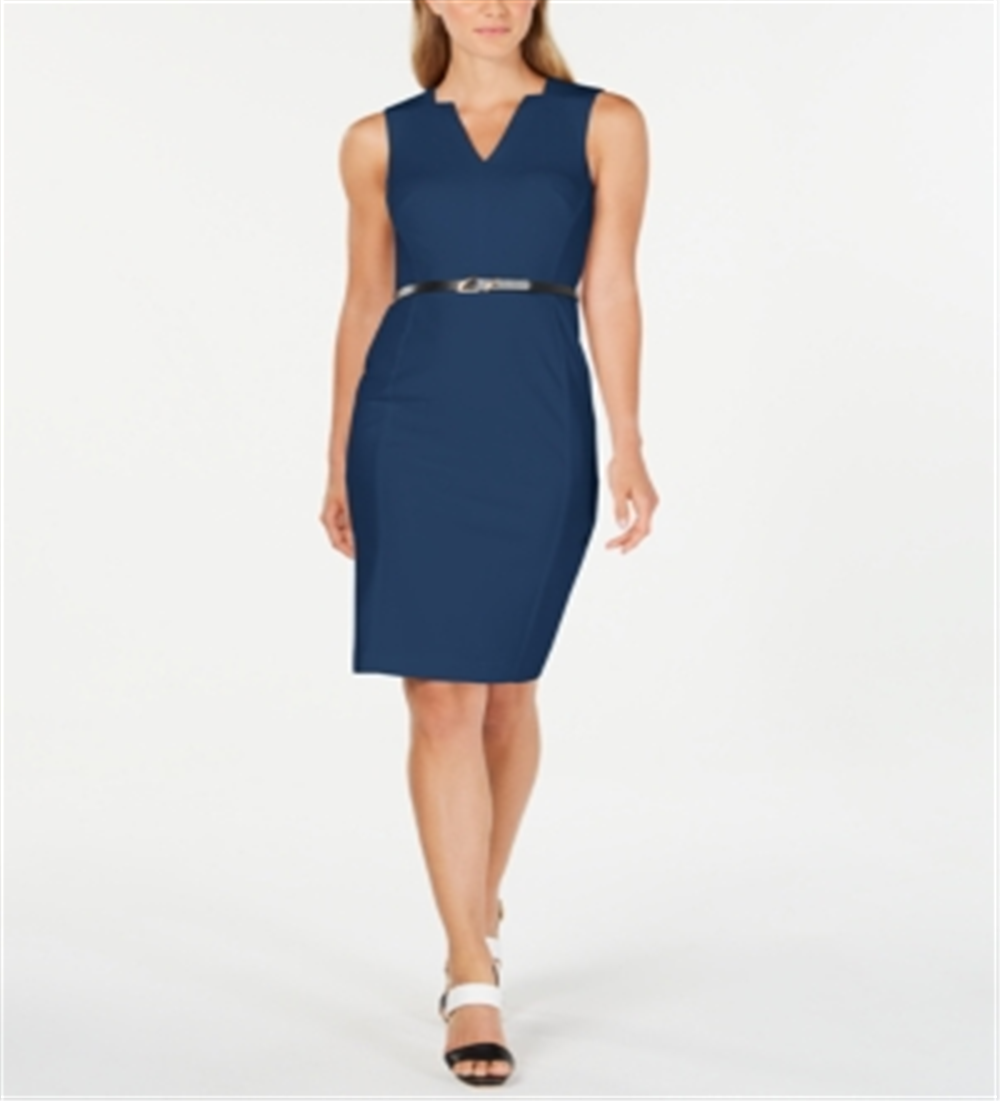 Calvin Klein Women's V Neck Belted Dress Blue Size 2 Petite