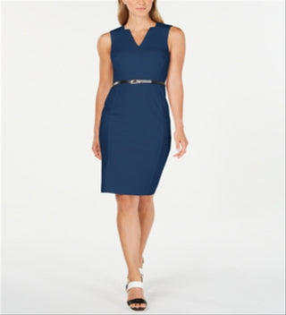 Calvin Klein Women's V Neck Belted Dress Blue Size 2 Petite