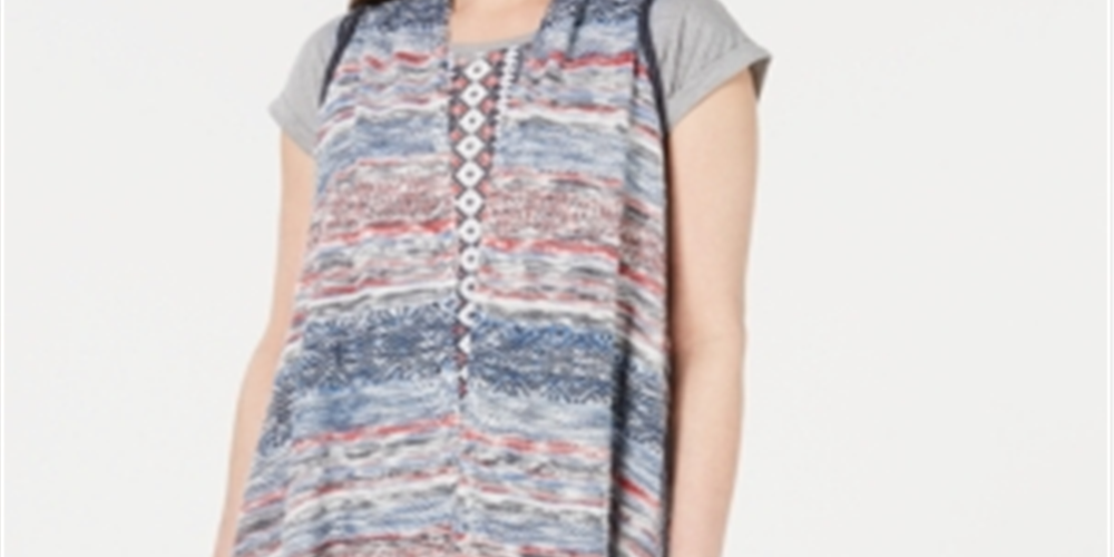 Style & Co Women's Fringe Trim Multicolor Vest Blue Size L