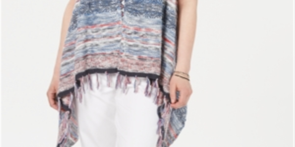 Style & Co Women's Fringe Trim Multicolor Vest Blue Size L