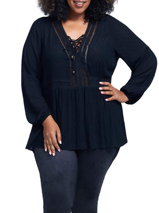 Seven7 Women's Blouses Caviar Semisheer Accent Lace up Long Sleeve Top Black Size 1X