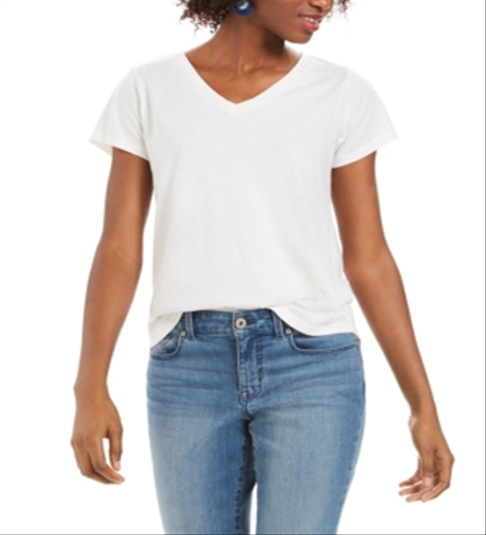 Style & Co Women's Burnout V Neck T-Shirt White Size X-Small