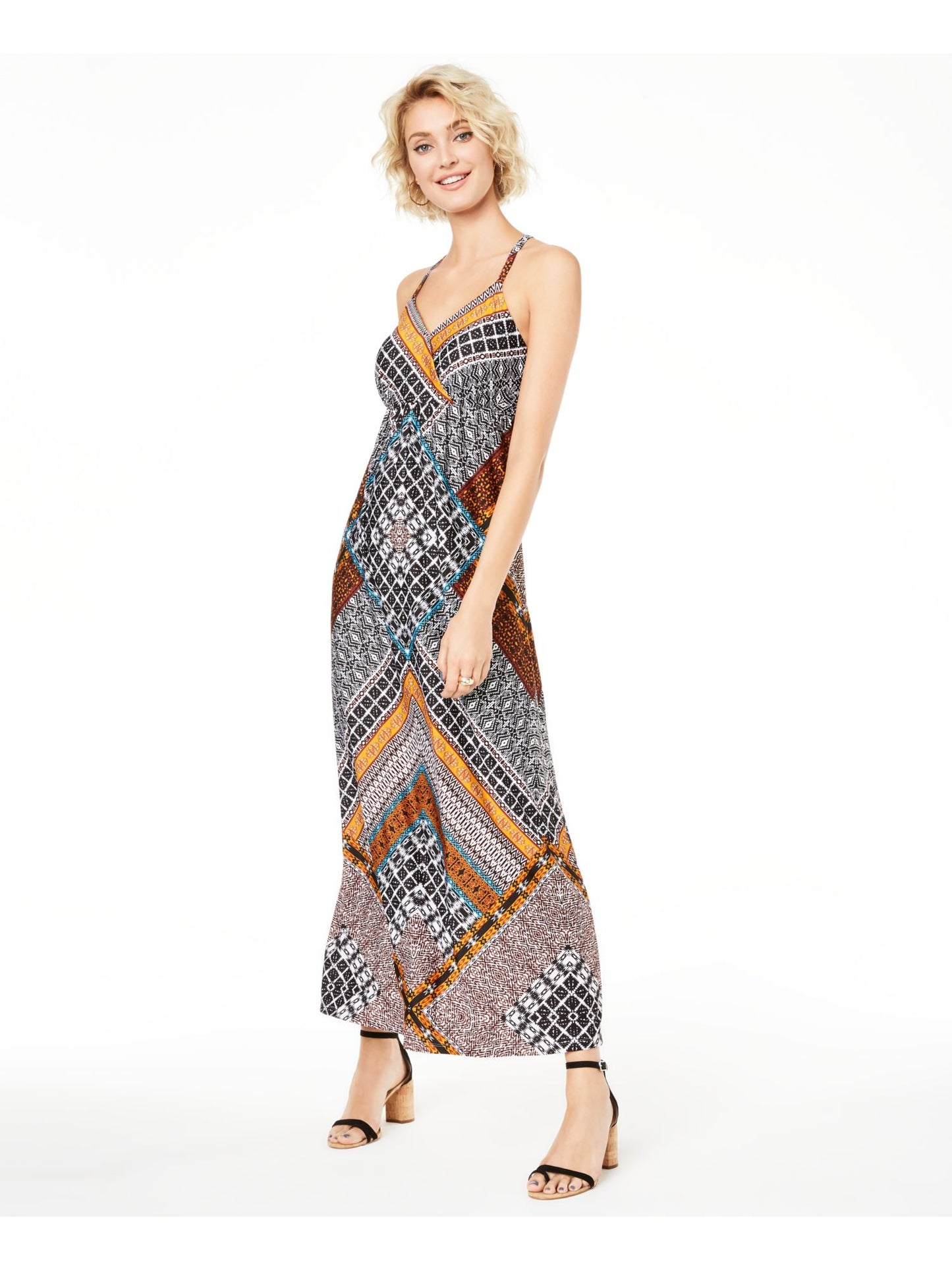 INC Women's Printed Sleeveless V Neck Maxi Sheath Dress Black  Size XL