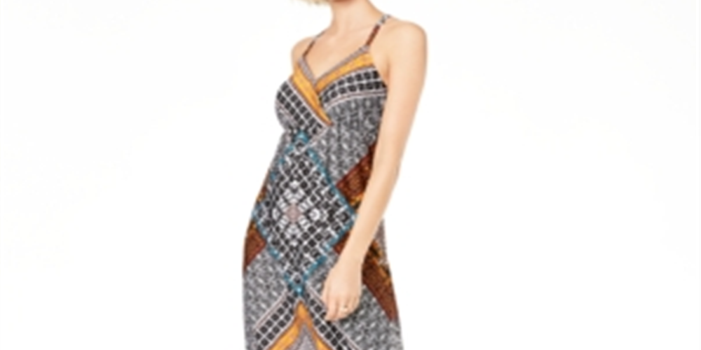 INC Women's Printed Sleeveless V Neck Maxi Sheath Dress Black  Size XL