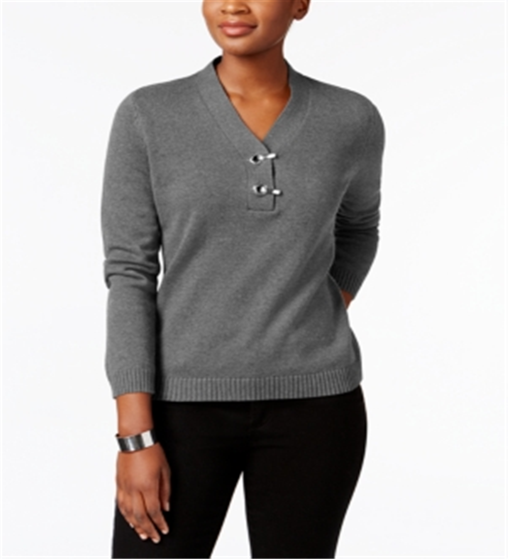 Karen Scott Women's  Hardware V-Neck Cotton Sweater  - Charcoal Heather Black Size Medium