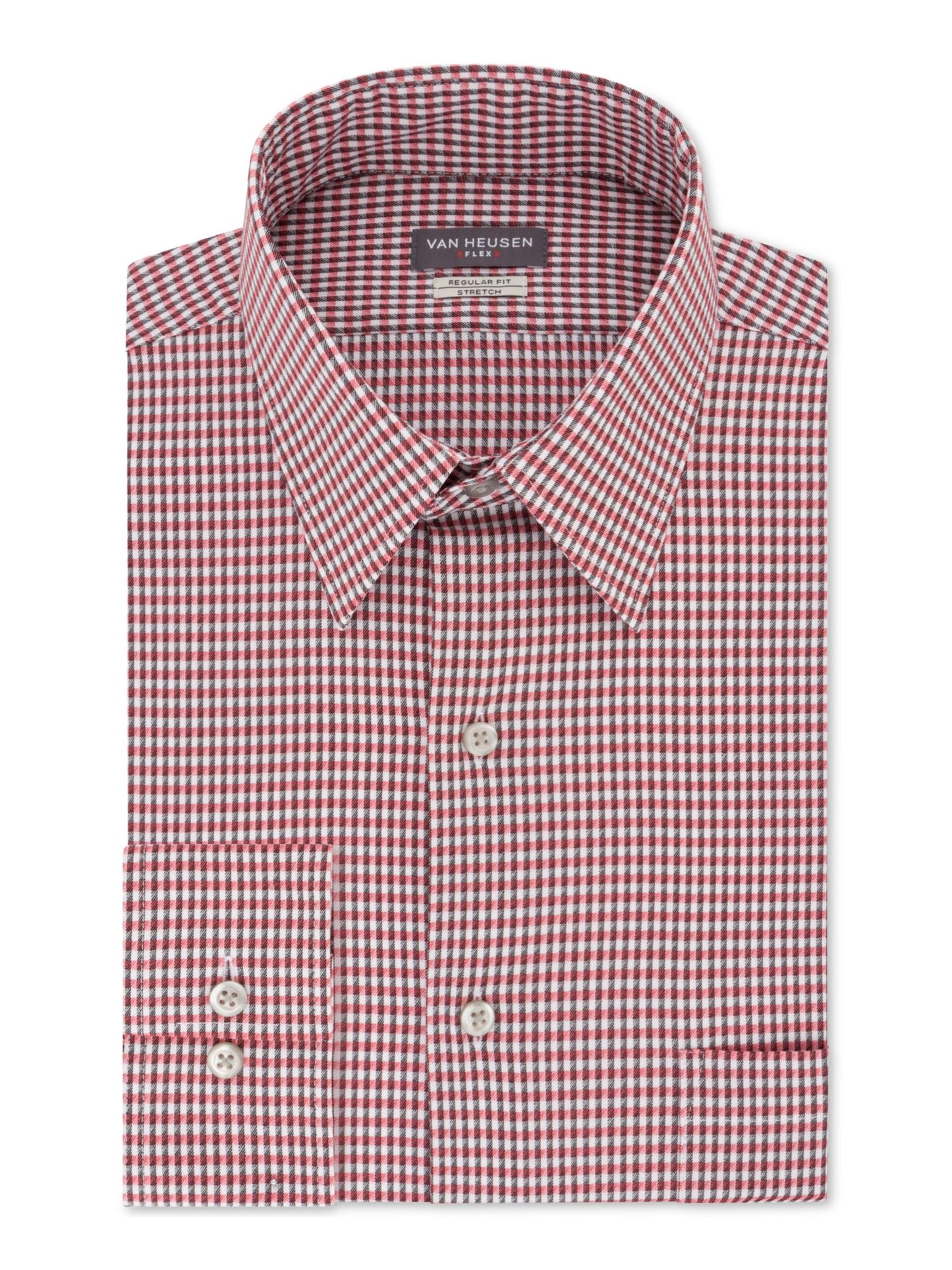VAN HEUSEN Men's Framed Gingham Collared Classic Fit Stretch Dress Shirt  Red Size 14.5X32-33