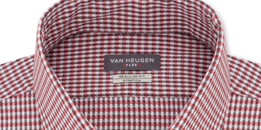 VAN HEUSEN Men's Framed Gingham Collared Classic Fit Stretch Dress Shirt  Red Size 14.5X32-33