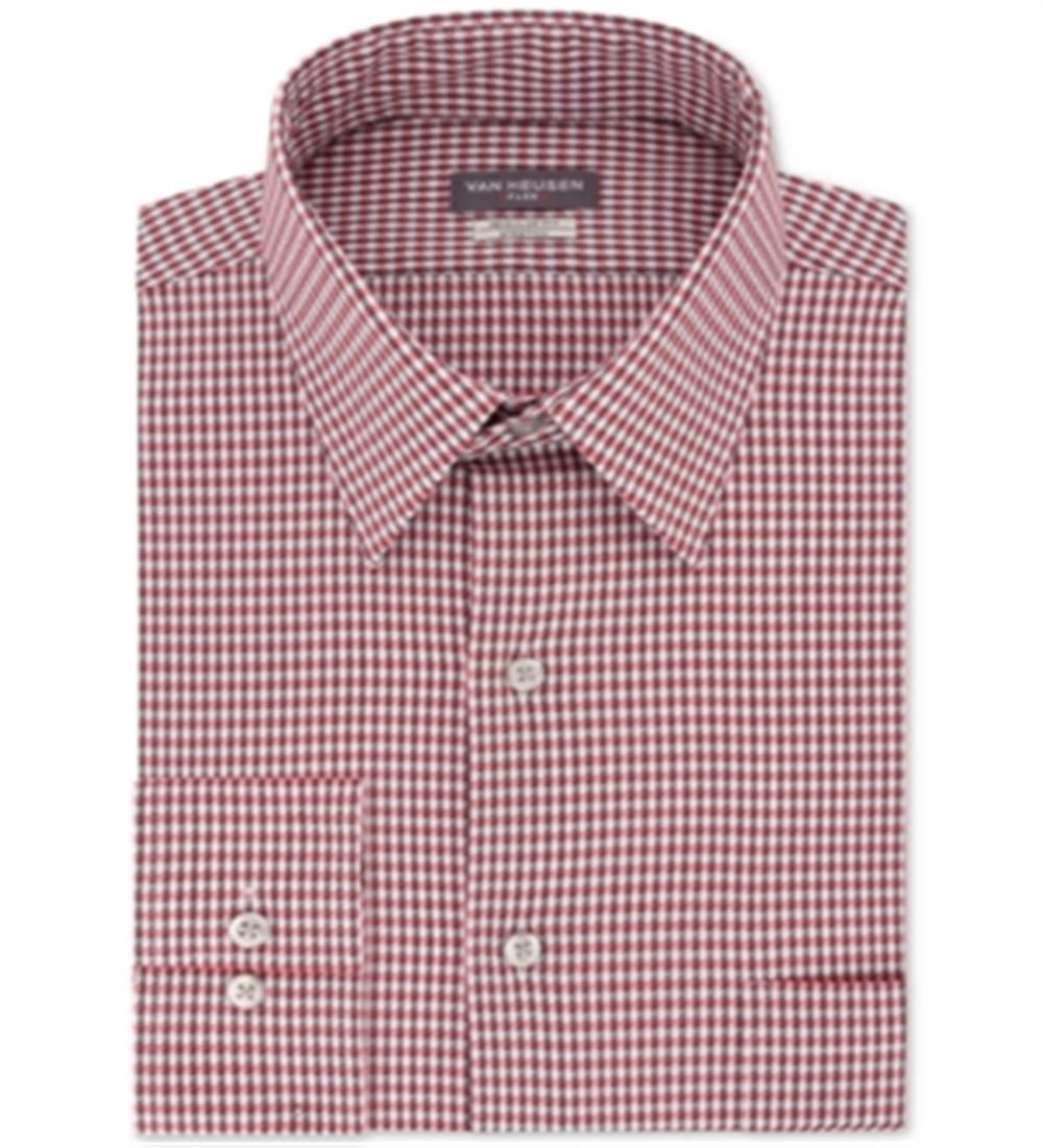 VAN HEUSEN Men's Framed Gingham Collared Classic Fit Stretch Dress Shirt  Red Size 14.5X32-33