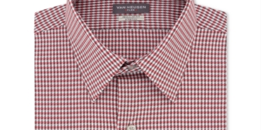 VAN HEUSEN Men's Framed Gingham Collared Classic Fit Stretch Dress Shirt  Red Size 14.5X32-33