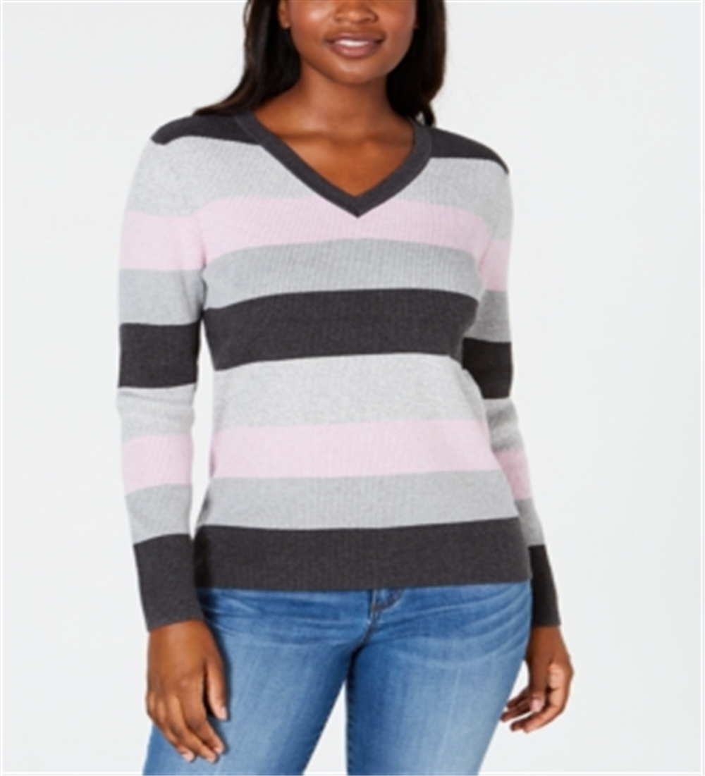 Karen Scott Women's Colorblocked V-Neck Cotton Sweater Purple Size 2XL