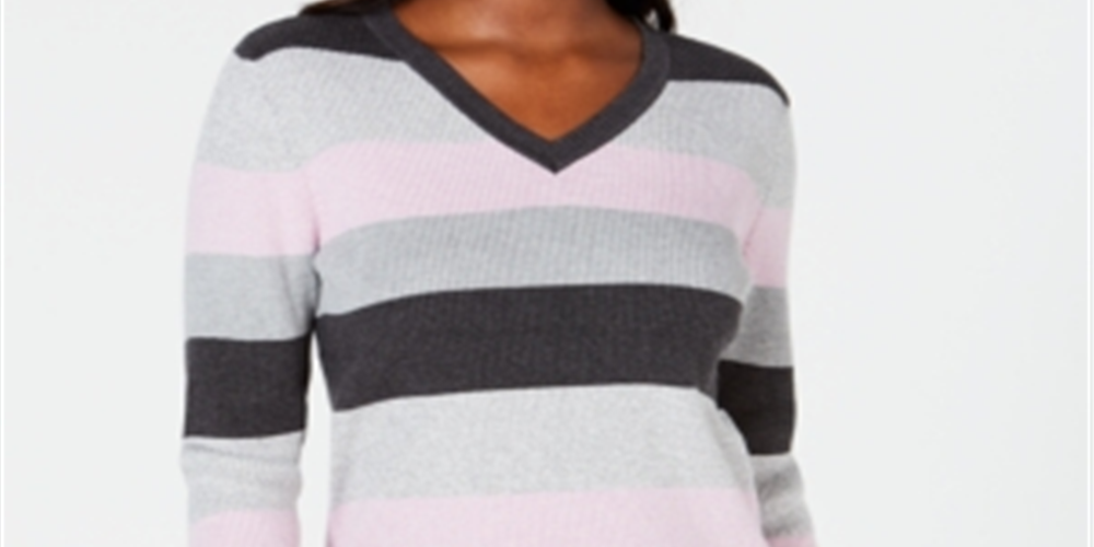 Karen Scott Women's Colorblocked V-Neck Cotton Sweater Purple Size 2XL