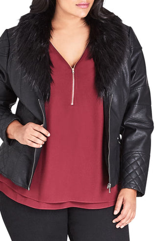 City Chic Women's Plus Panther Pleather Faux Fur Collar Jacket -Black Size S