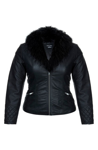 City Chic Women's Plus Panther Pleather Faux Fur Collar Jacket -Black Size S
