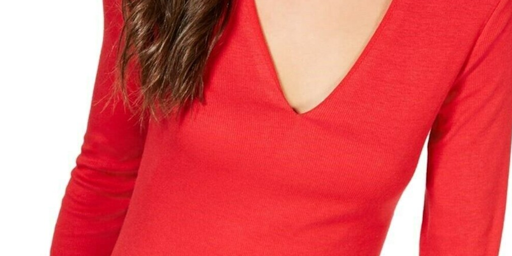 INC Women's Solid 3/4 Sleeve V Neck T-Shirt Top  Red Size  Petite L